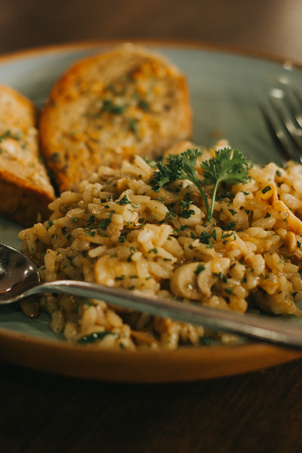 fried rice with green vegetable on brown ceramic plate