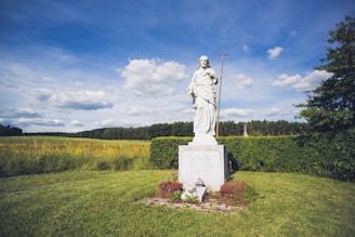 statue of man on green grass field under blue sky during daytime
