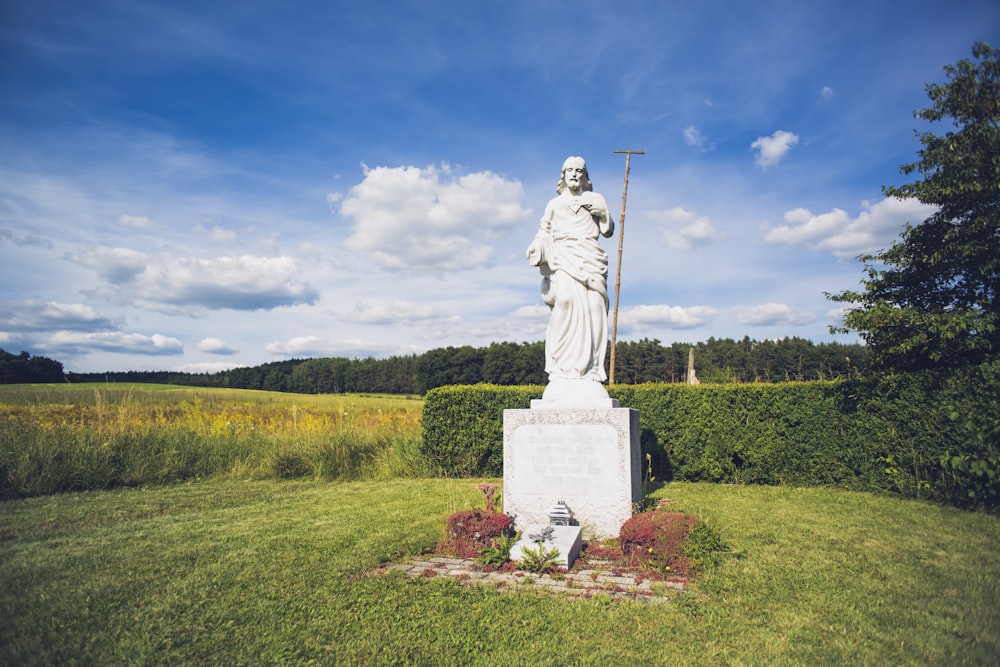 statue of man on green grass field under blue sky during daytime