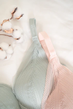 Close-up of intricate embroidery on a lavender bralette with soft lighting