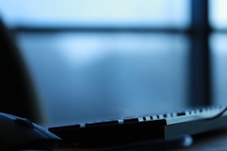 A close-up of a computer keyboard and mouse with a blurred window in the background. The lighting is soft and the image has a cool tone, suggesting early morning or late evening.
