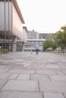 A person in casual attire is walking a dog on a wide paved walkway, lined with modern architectural buildings. The setting appears to be an urban or campus area with large buildings and greenery in the background.
