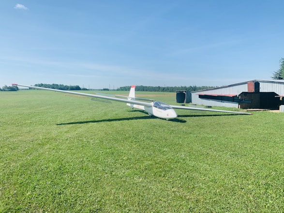 A technician performing a detailed inspection on a sleek sailplane under a clear blue sky.