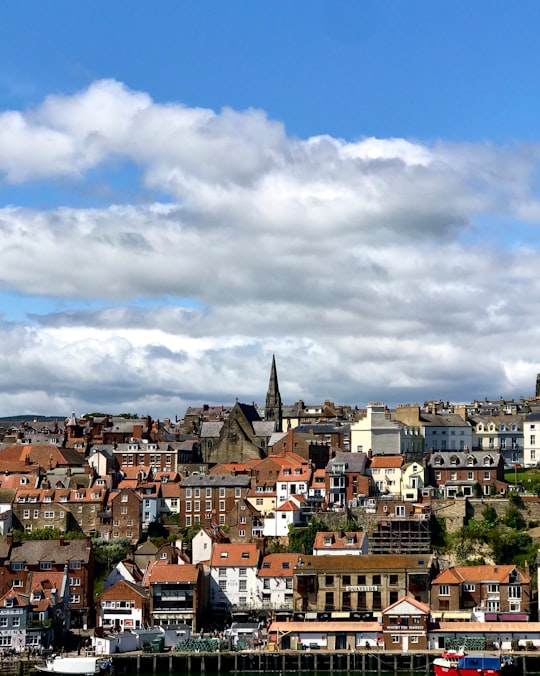 brown and white concrete buildings under white clouds and blue sky during daytime in Whitby Abbey United Kingdom