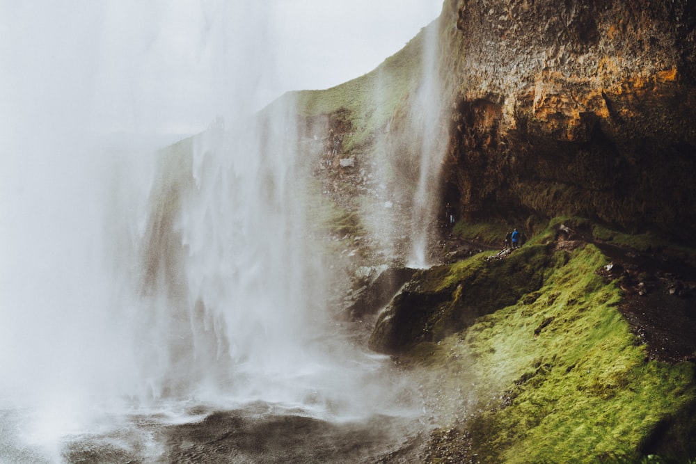 green grass field near waterfalls during daytime