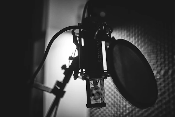 Behind-the-scenes photo of recording equipment and microphone setup.