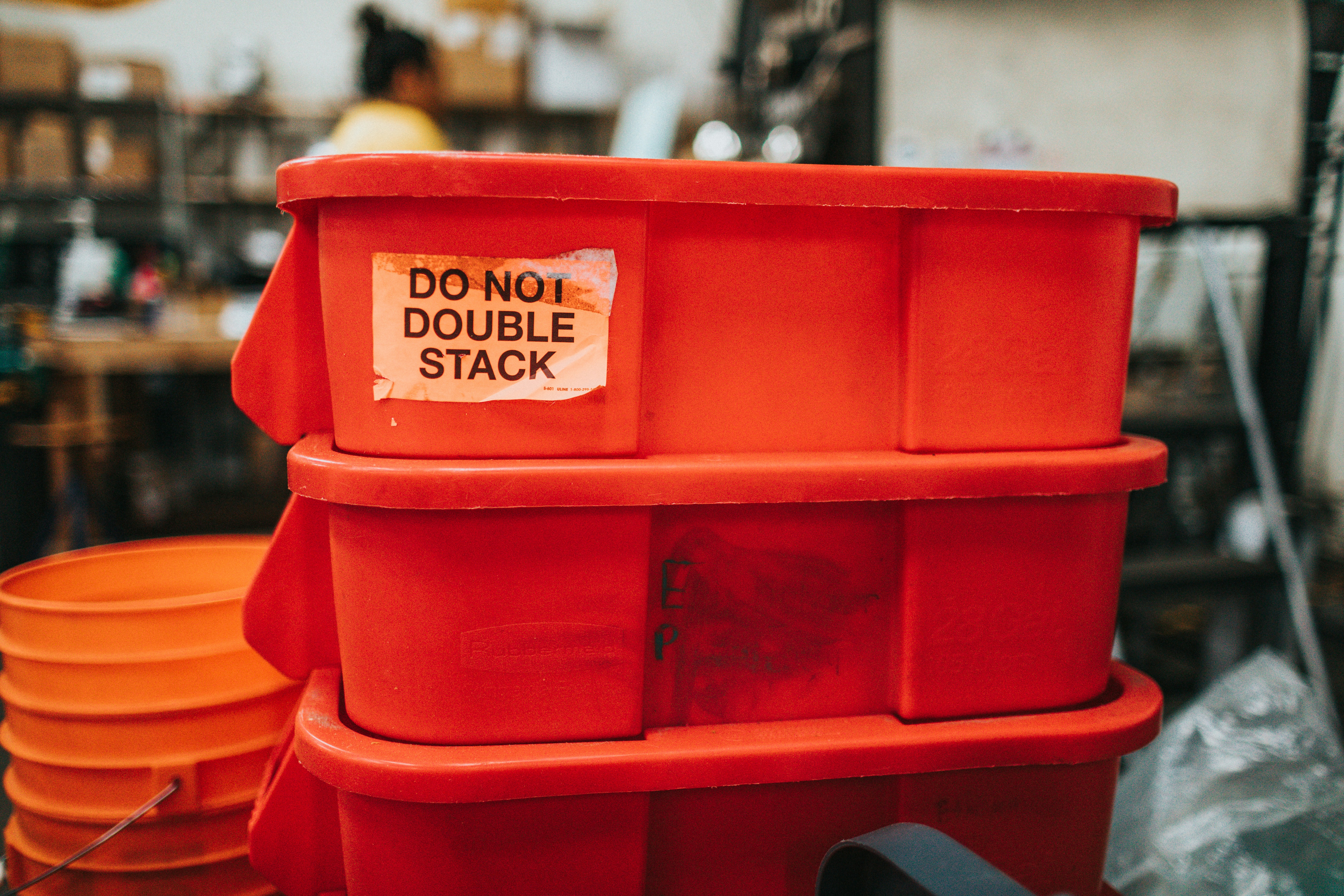 stacked food storage buckets