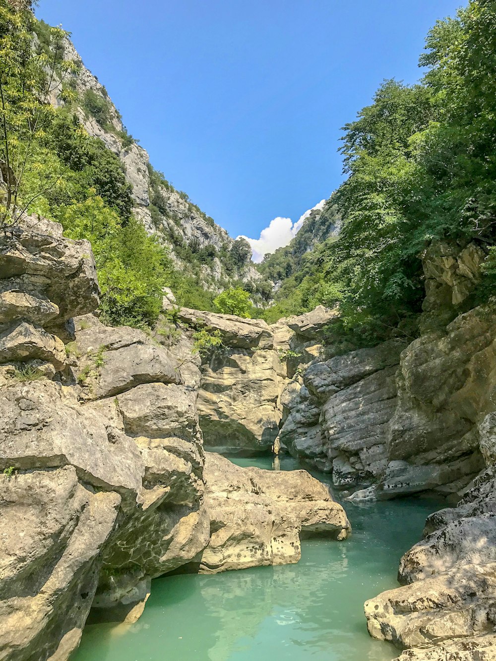 river between rocky mountains under blue sky during daytime