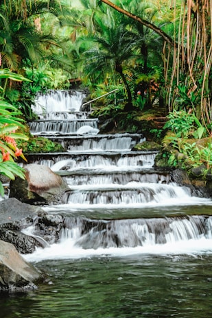 A cascading waterfall installation made from FRP materials, surrounded by smooth stones and tropical plants.