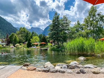 Families and friends swimming and relaxing by a clear pond surrounded by trees.