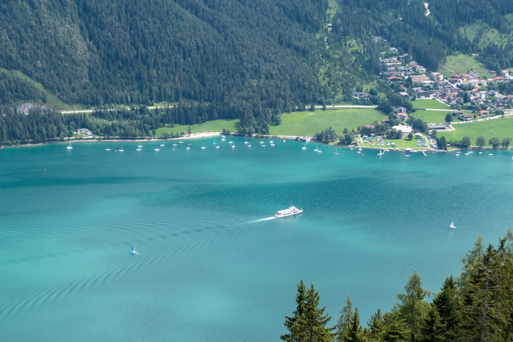 white boat on sea near green trees and mountain during daytime