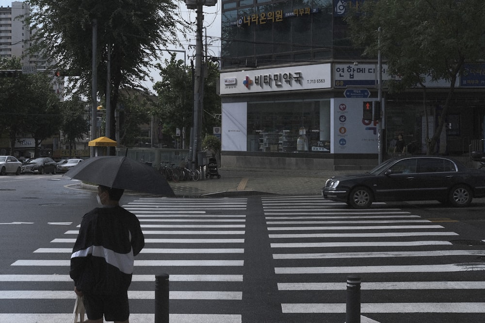 person in black and white jacket holding umbrella walking on pedestrian lane during daytime