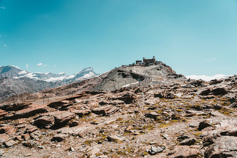 The rocky high country above car-free Zermatt under a clear blue sky