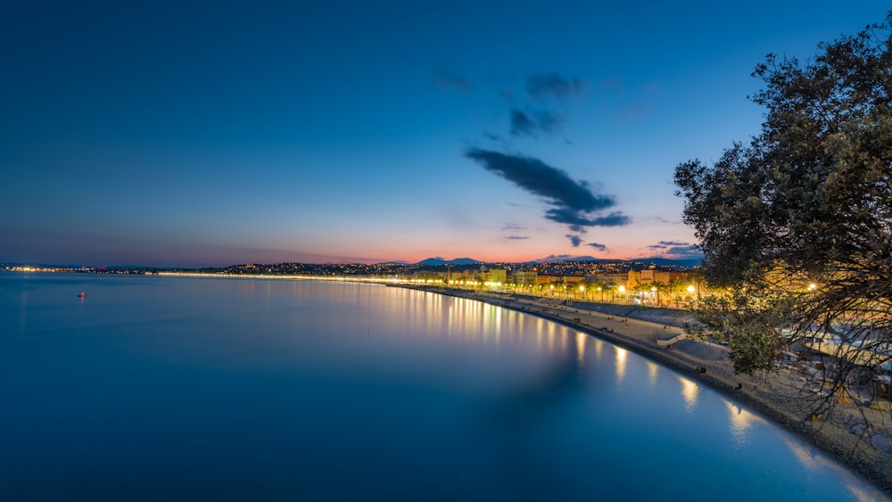 body of water near bridge during night time