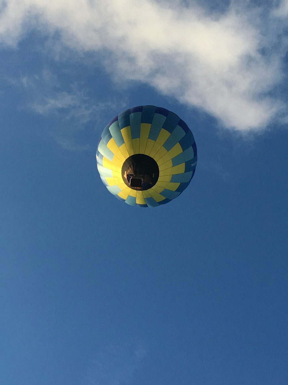 昼間は青空の下、空中を飛ぶ緑黄色と青の熱気球