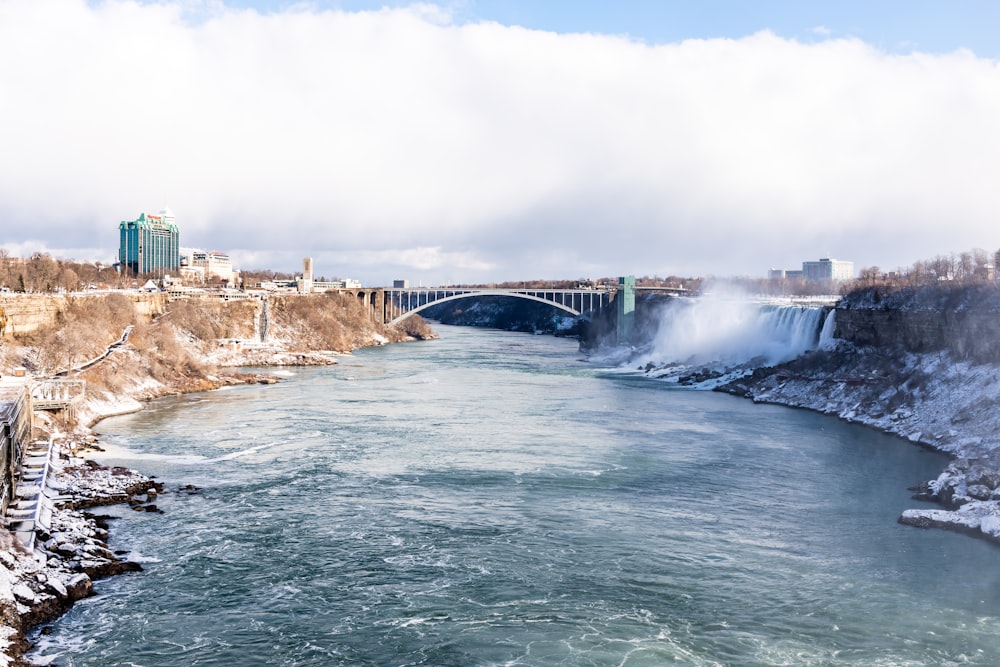 water falls under white sky during daytime