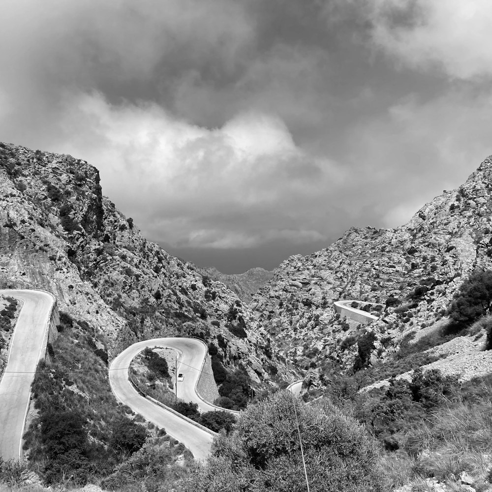 grayscale photo of mountain range