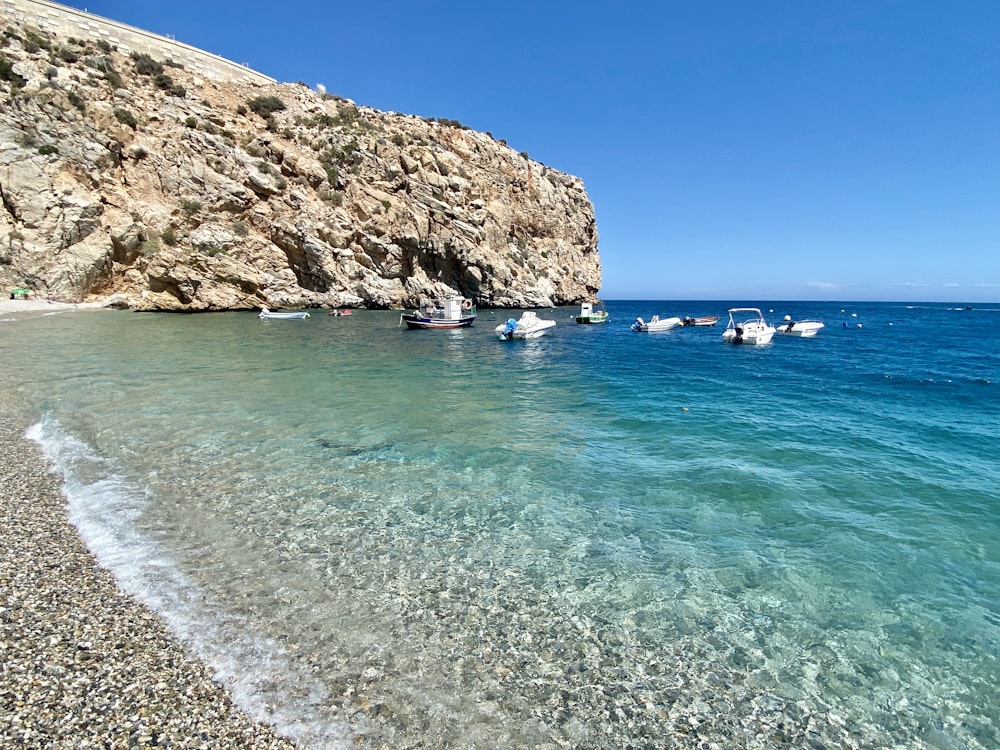 people swimming on sea near brown rock formation during daytime