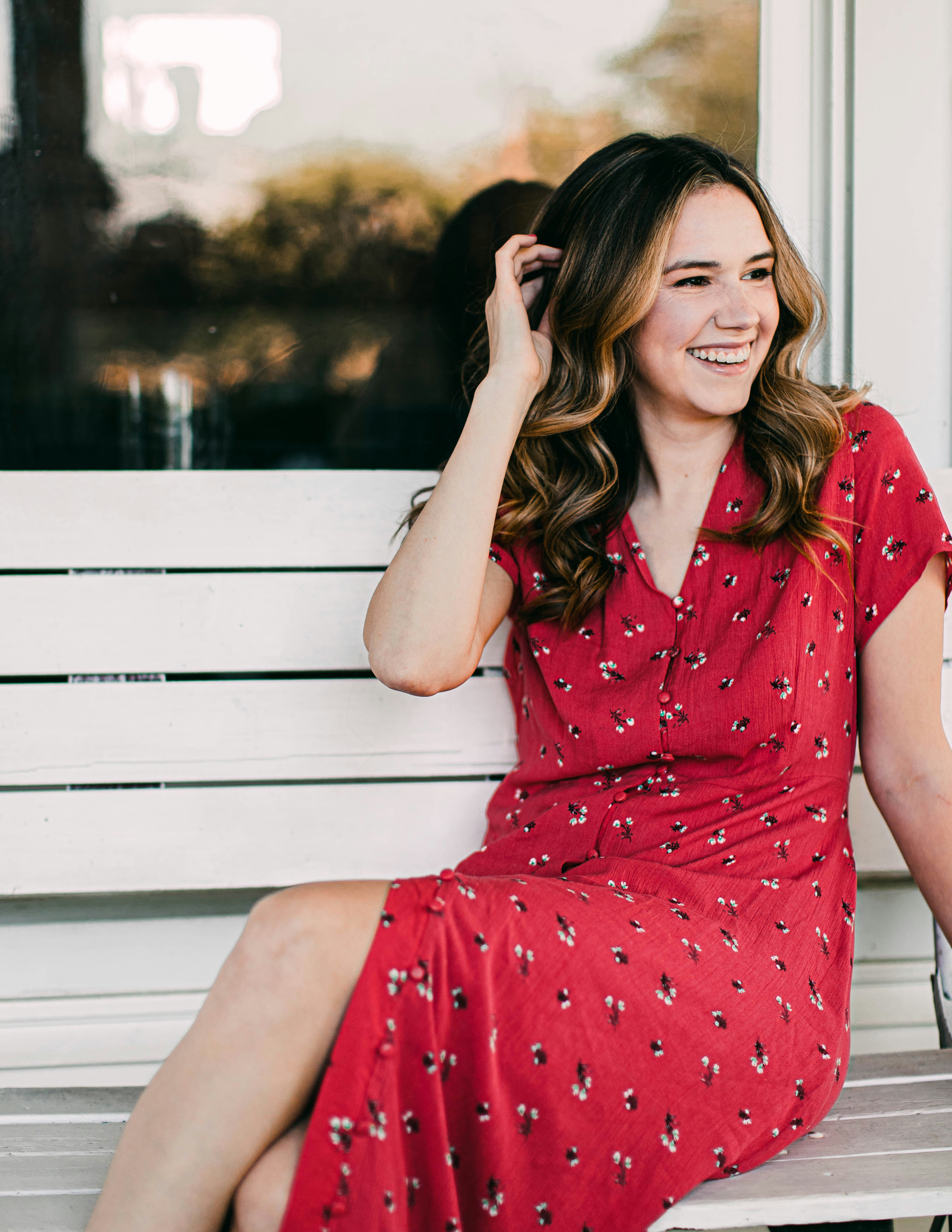 great photo recipe,how to photograph woman in red and white polka dot dress sitting on white wooden bench