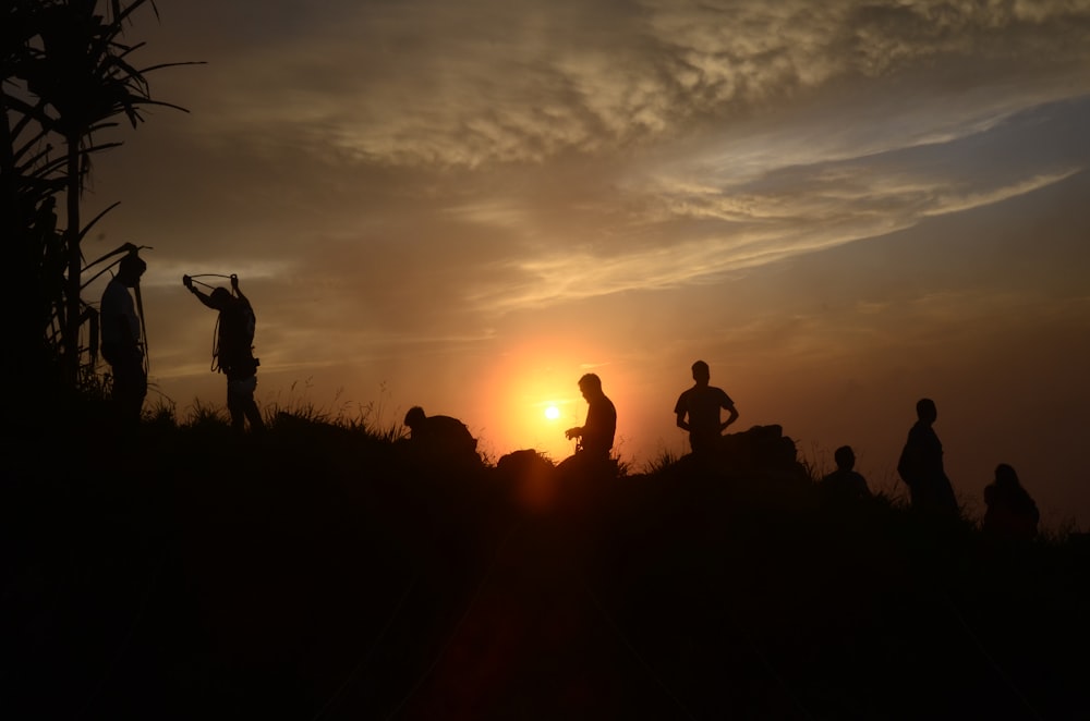 silhouette of people on grass field during sunset