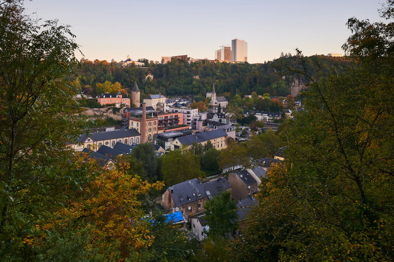 High-rise office buildings among trees in Luxembourg