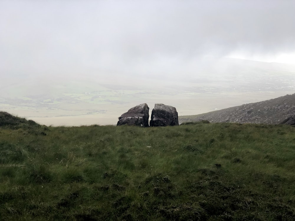 gray rock formation on green grass field under white sky during daytime