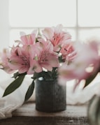 pink and white flowers in black ceramic vase