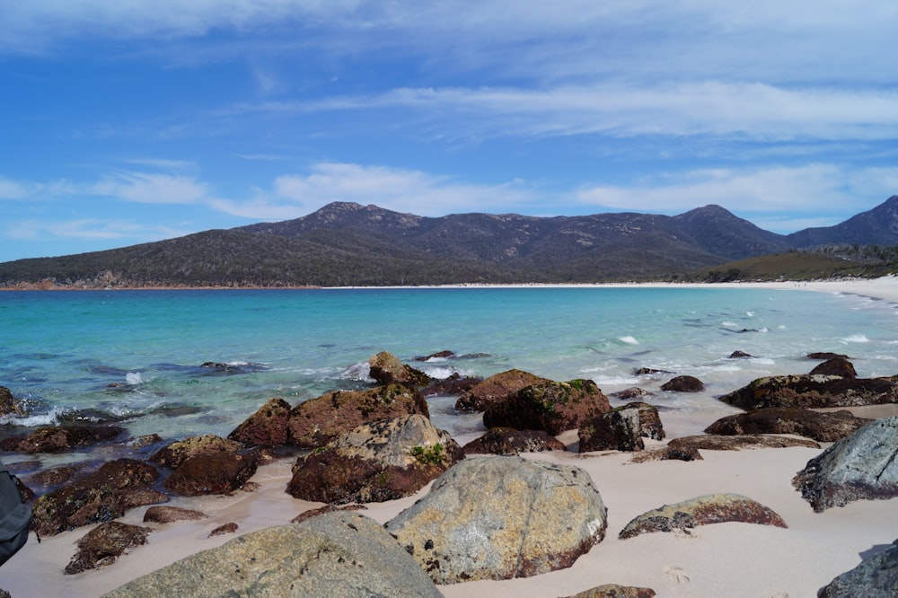 rocky shore with mountain in distance under blue sky with white clouds during daytime