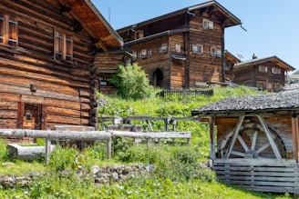 Several rustic wooden houses are set against a lush green hillside on a sunny day. The buildings feature traditional wooden logs and are elevated with small stone walls. A wooden structure on the right, possibly a shed or barn, adds to the rural atmosphere.