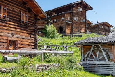 Several rustic wooden houses are set against a lush green hillside on a sunny day. The buildings feature traditional wooden logs and are elevated with small stone walls. A wooden structure on the right, possibly a shed or barn, adds to the rural atmosphere.