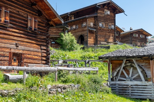Several rustic wooden houses are set against a lush green hillside on a sunny day. The buildings feature traditional wooden logs and are elevated with small stone walls. A wooden structure on the right, possibly a shed or barn, adds to the rural atmosphere.