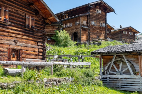 Several rustic wooden houses are set against a lush green hillside on a sunny day. The buildings feature traditional wooden logs and are elevated with small stone walls. A wooden structure on the right, possibly a shed or barn, adds to the rural atmosphere.