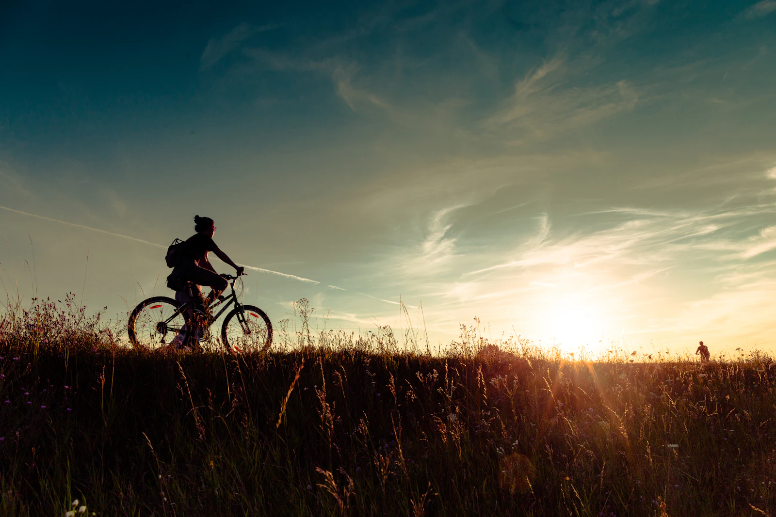 A cyclist silhouetted against a low sun, riding through a grassy field under a wide sky