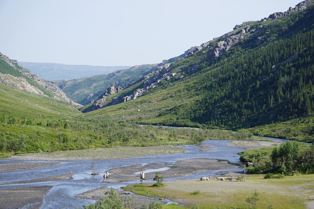 a river running through a lush green valley