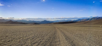 Open land with flat terrain and a dirt road leading into the distance.