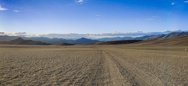 Open land with flat terrain and a dirt road leading into the distance.