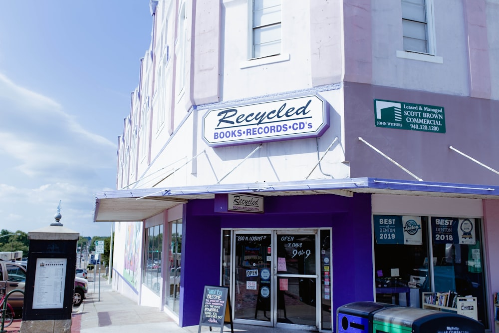 purple and white concrete building