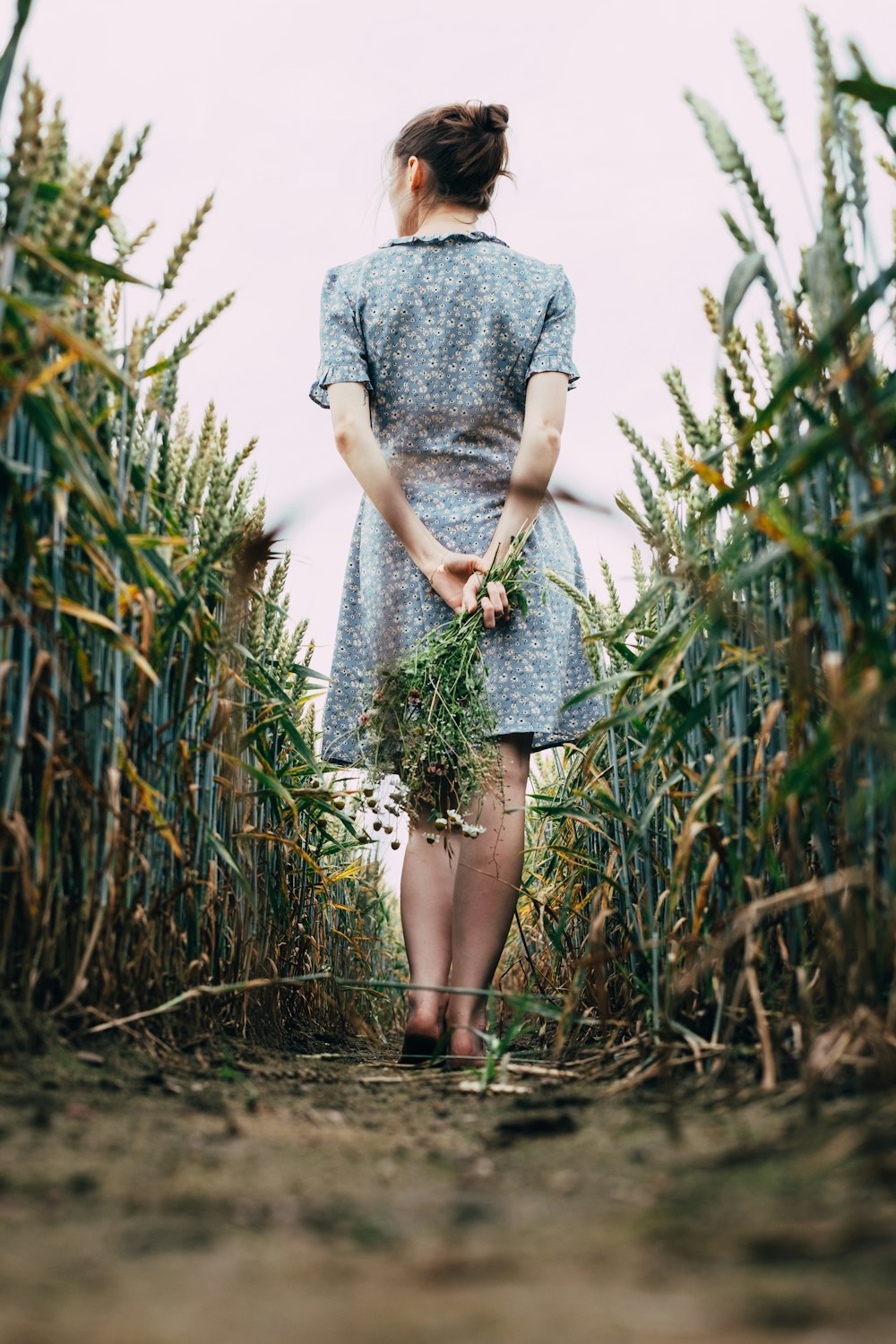 mulher no vestido cinzento que está de pé no campo verde da grama durante o dia