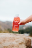 A hand holding a bottle of Kombucha labeled 'Aloha Punch'. The bottle is held over a large rock, with an outdoor, blurry background indicating nature or a scenic view.