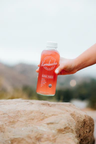 Founder smiling warmly, holding a kombucha bottle in a sunlit tropical garden.