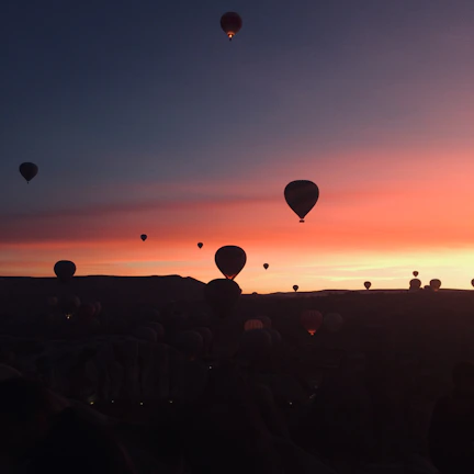 Silhouettes of hot air balloons drifting peacefully against a golden sunset sky