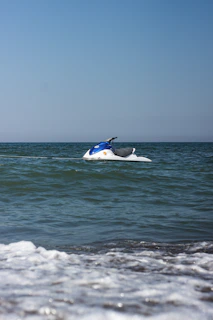 A friendly boat mechanic working on a jet ski by the waterfront under a clear blue sky.