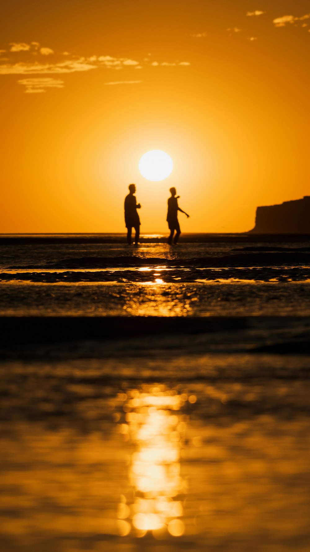 silhouette of 2 people walking on beach during sunset