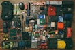 A collection of camping gear, including tents and sleeping bags, in a natural setting.