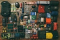 A collection of camping and hiking gear neatly arranged, including backpacks, climbing shoes, sleeping bags, clothing, cooking utensils, safety equipment, and various personal items such as books and snacks. The gear is laid out on a wooden floor, organized by type and color.