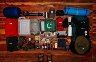 assorted items on brown wooden table