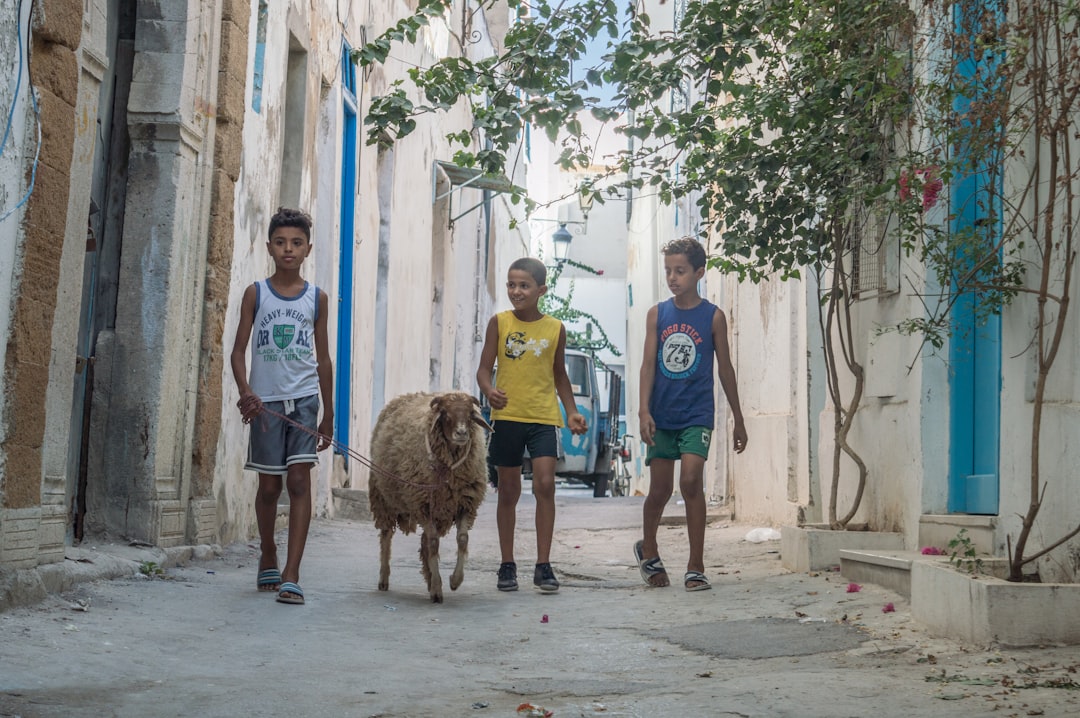 man in blue crew neck t-shirt standing beside brown sheep