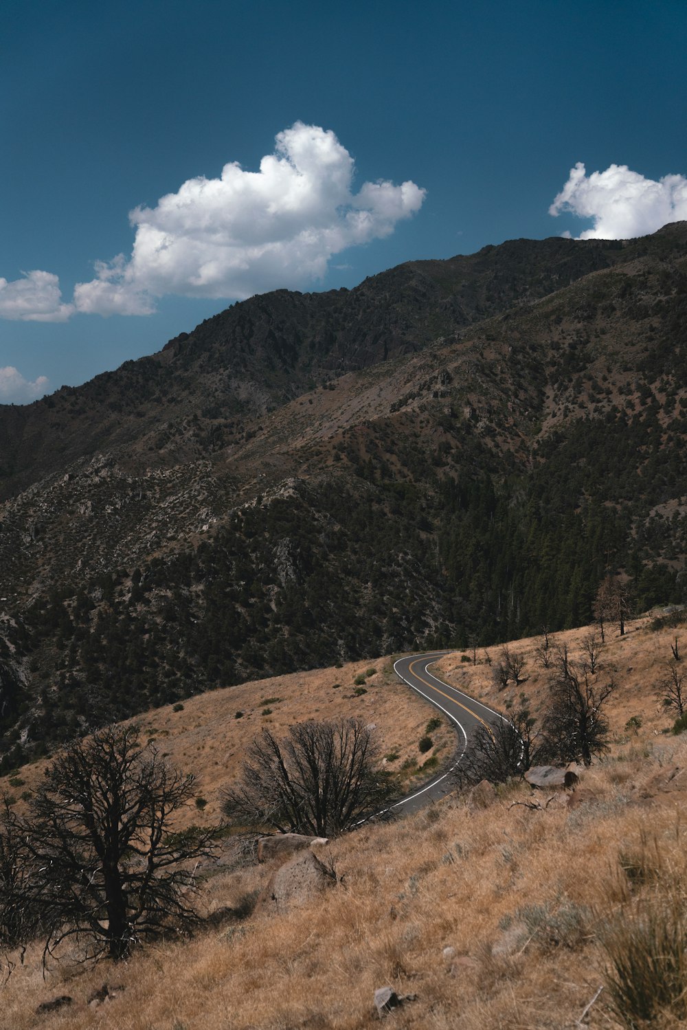 gray asphalt road between green and brown mountains under blue and white sunny cloudy sky during