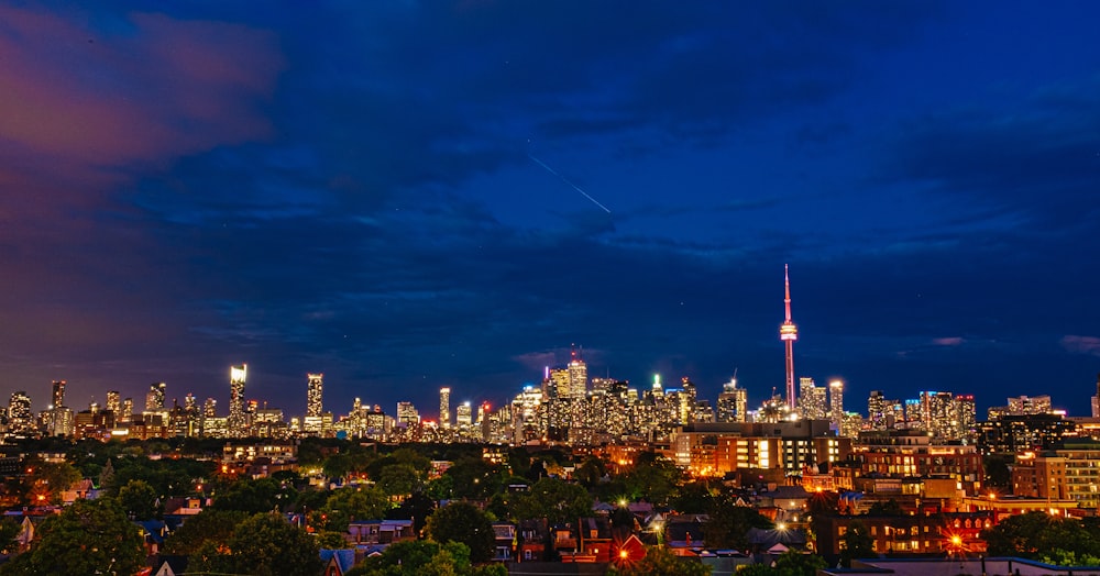 city skyline during night time