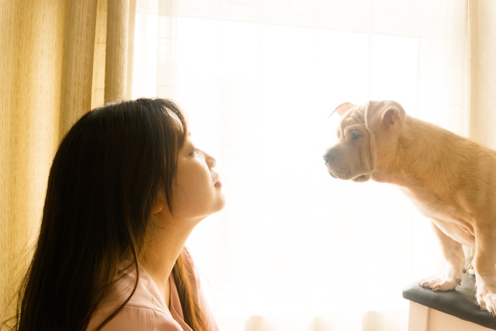 woman in white shirt beside white short coated dog